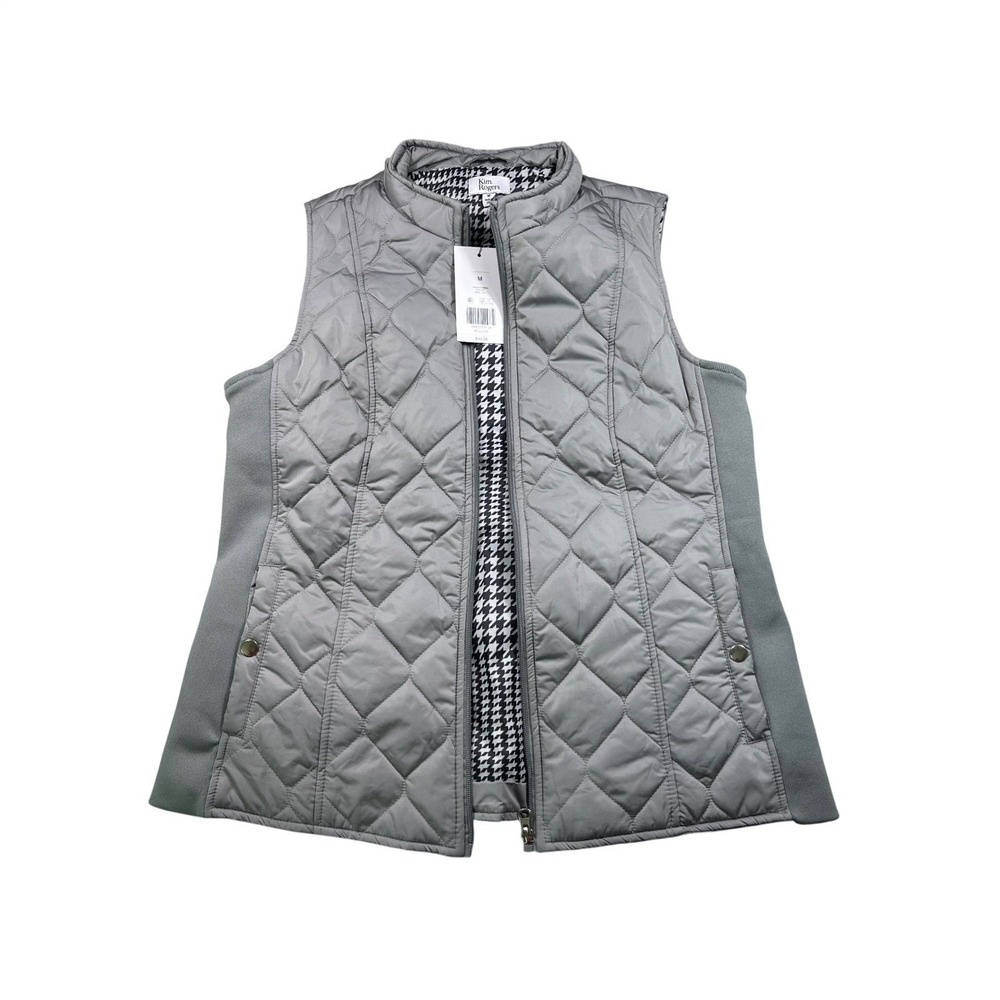 Kim Rogers Womens M Quilted Vest Gray Houndstooth Lined NWT Full Zip Puffer